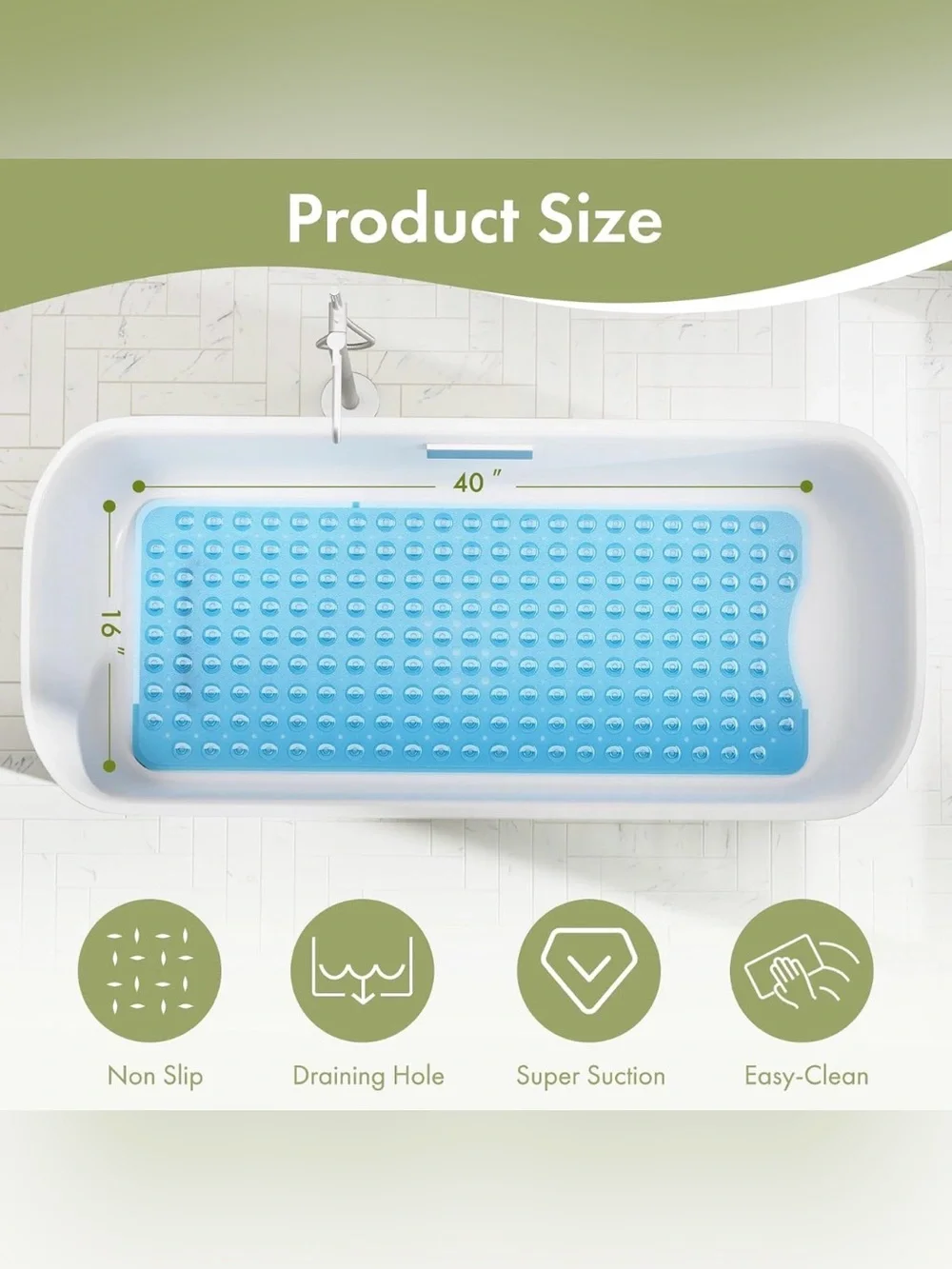 Bathtub Mat Shower Stall Mats with Suction Cups and Drain Holes, Non Slip Mat